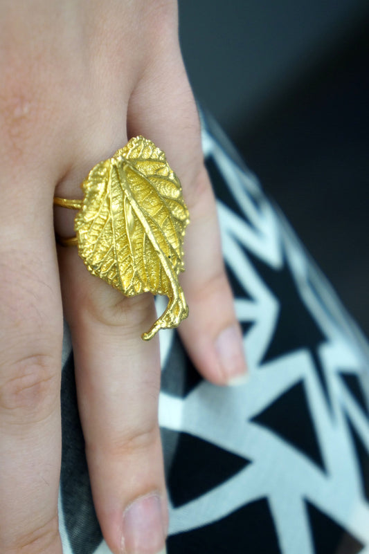 Nature-Inspired Leaf Ring: Handmade Gold-Plated Sterling Silver-1