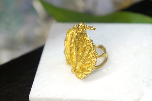 Nature-Inspired Leaf Ring: Handmade Gold-Plated Sterling Silver-0