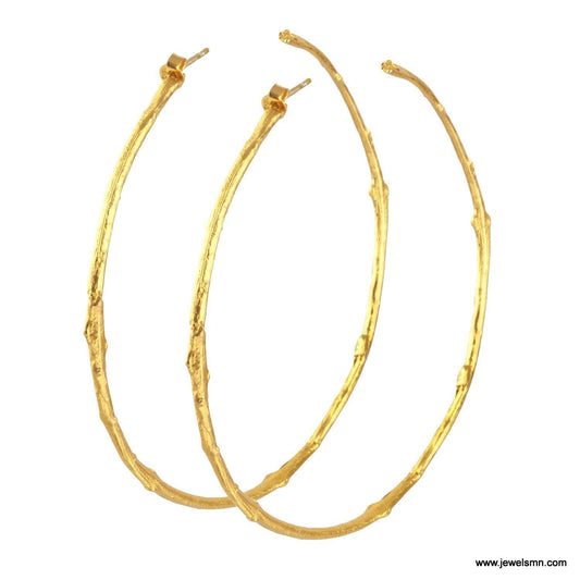 Boho Gold Plated Hoop Earrings, Olive Twig Design (Lightweight Silver)-0