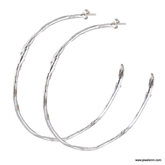 Boho Gold Plated Hoop Earrings, Olive Twig Design (Lightweight Silver)-1