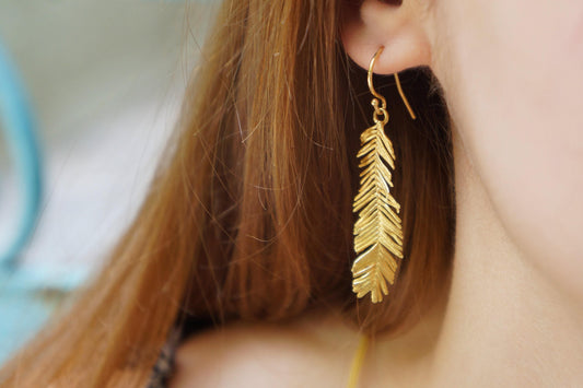 Mimosa Leaf Earrings: Gold Plated Sterling Silver - Nature Inspired-0